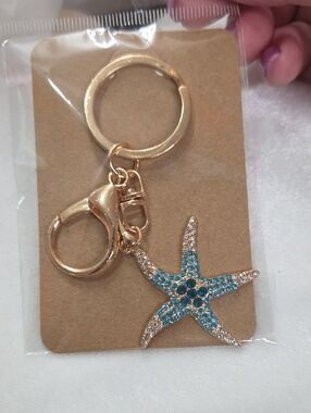 Ladies Blue Starfish Keychain Bag Charm Purse Charm Shiny Accessory Rhinestones